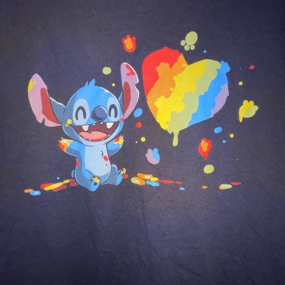 Disney Teeturtle Stitch Rainbow Heart T-Shirt Blue Size Medium Color Splatter - Picture 2 of 6